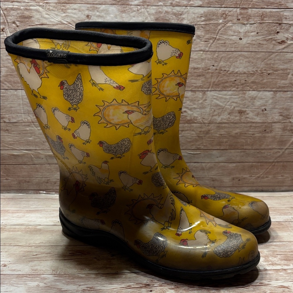 Sloggers Yellow Chicken Daffodil Yellow Print Water proof Boots size 10 - Picture 3 of 8
